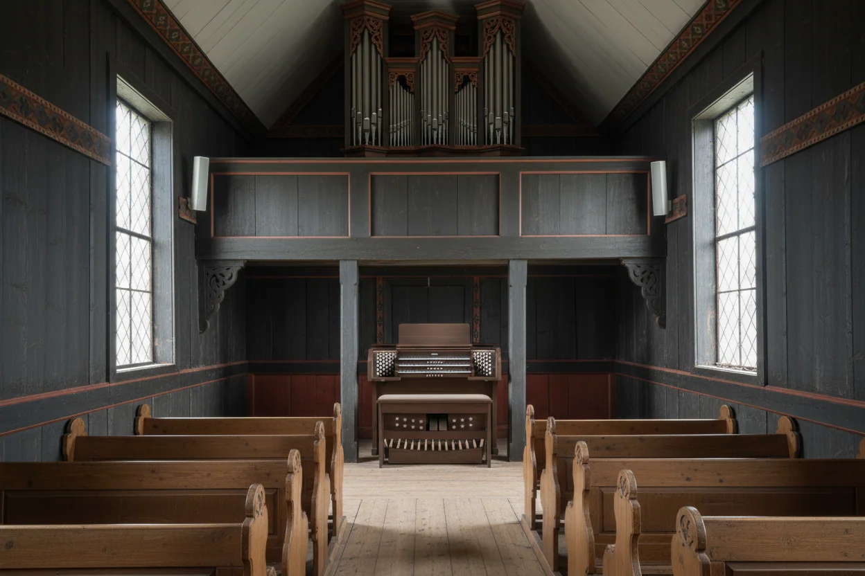 Kirkerom i tre med kirkebenker og et orgel