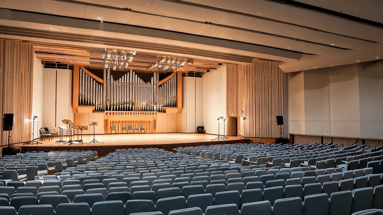 Orgel over scenen i en sal med publikumsplasser