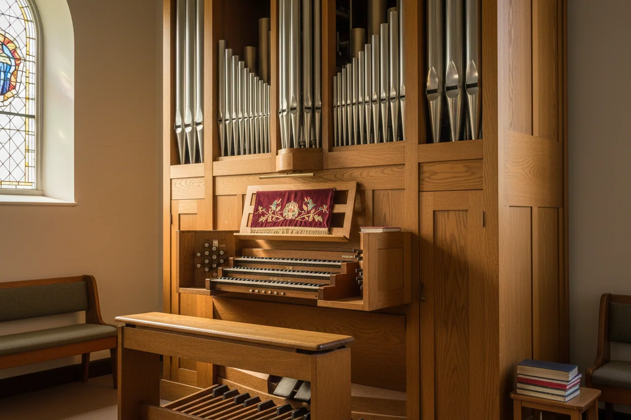 Pipeorgel med trefasade, spillebord og orgelkrakk i et kirkerom