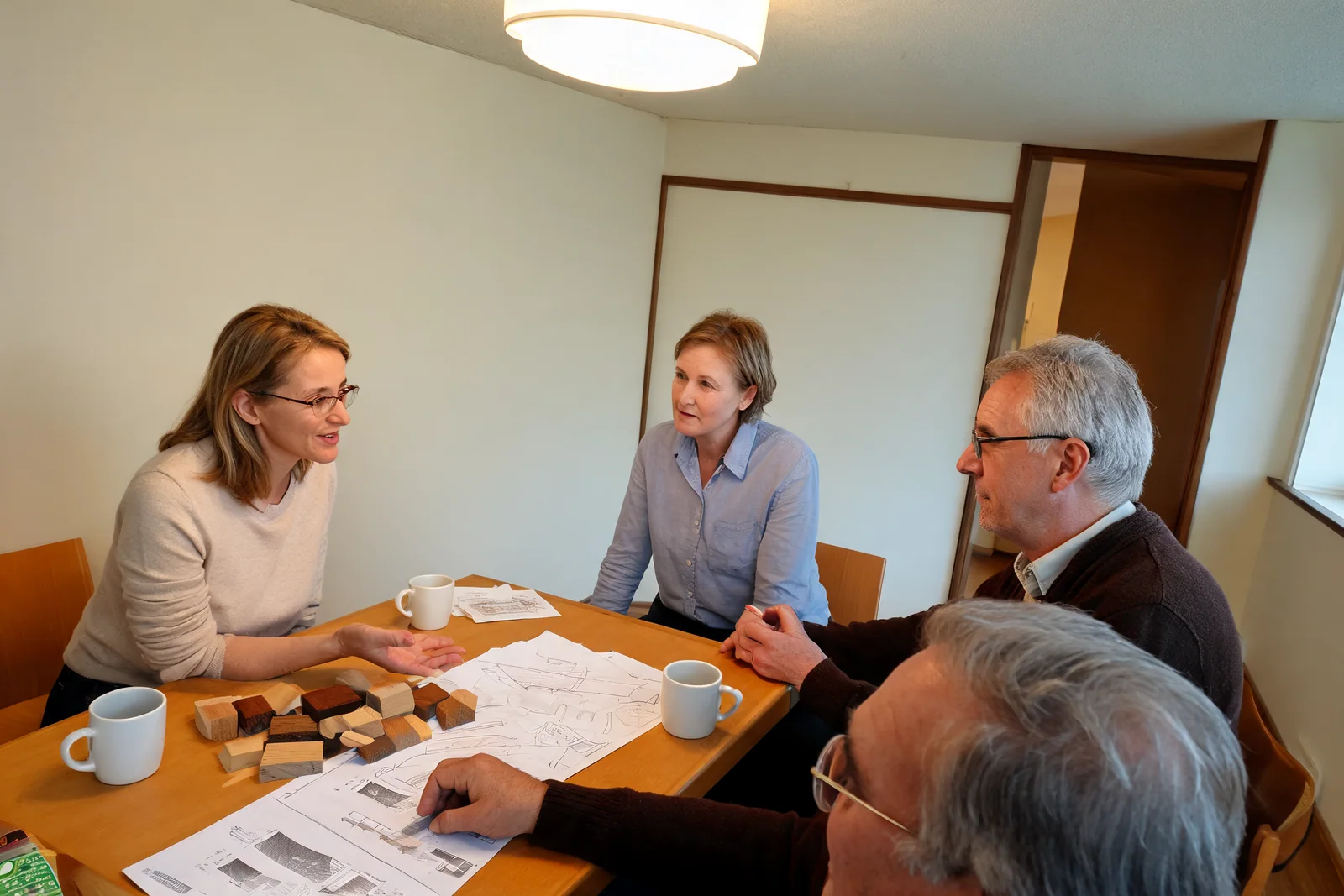 Personer diskuterer et orgelprosjekt rundt et bord